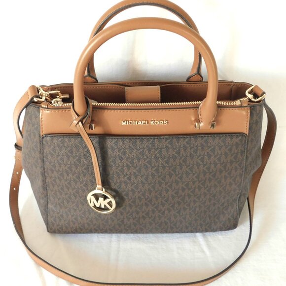 Medium Michael Kors Signature Brown & Camel Leather Tote Handbag Purse - Picture 4 of 15